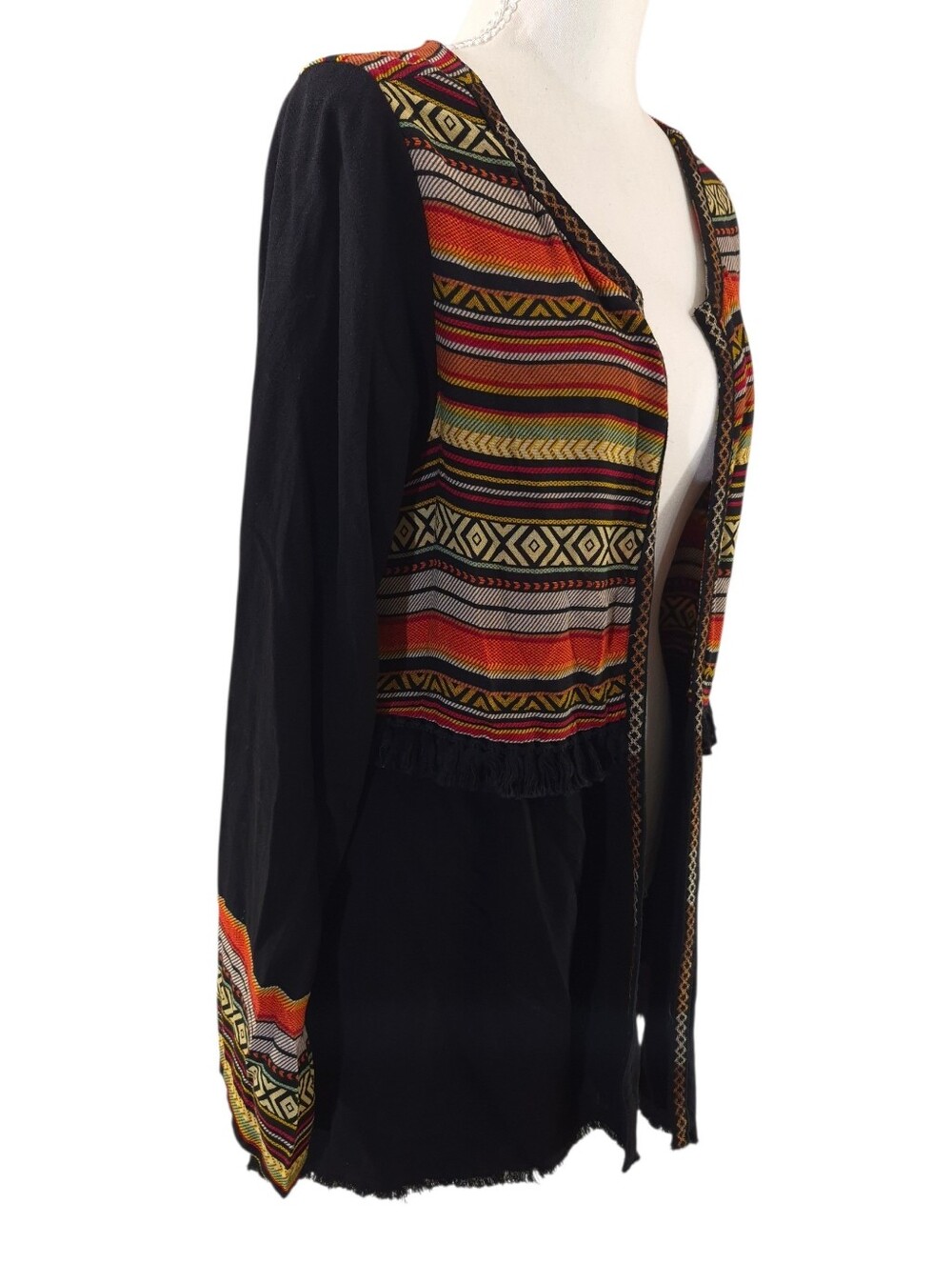 Umgee Open Front Cardigan Linen Blend Pockets Boho Tribal Tunic Fringe Sz Small - Picture 2 of 10